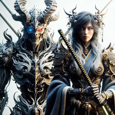 The primary subject of the image is a woman dressed in a costume, holding a sword. She is standing next to a demon-like creature, which is also holding a sword. The setting appears to be a fantasy or medieval-themed environment. The visual style of the image is digital art, as it is a detailed and intricate illustration. The dominant colors in the image are dark and moody, with the woman's costume and the demon-like creature's appearance being the main focus.